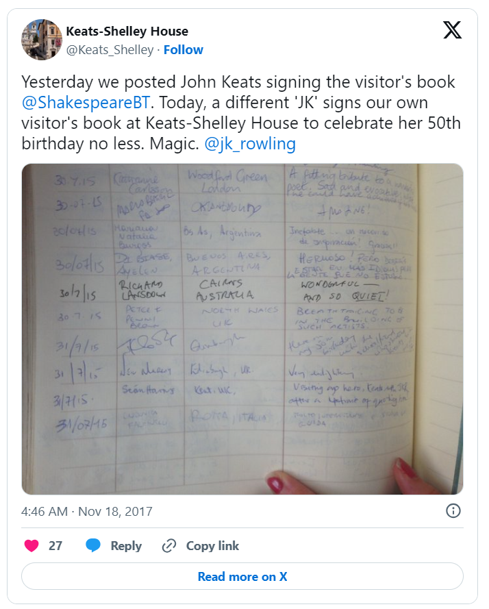 Rowling A-List Poet Discovery: Keats!