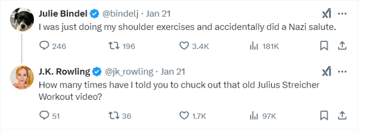 Rowling Mocks Leftists Consumed by Nazi Salute, Who Call Enemies ‘Hitler’