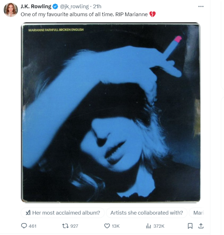 Rowling Mourns Marianne Faithfull; Confirms Rokeby-Jagger Parallel Life in Leda Strike’s Real Life Analogue?