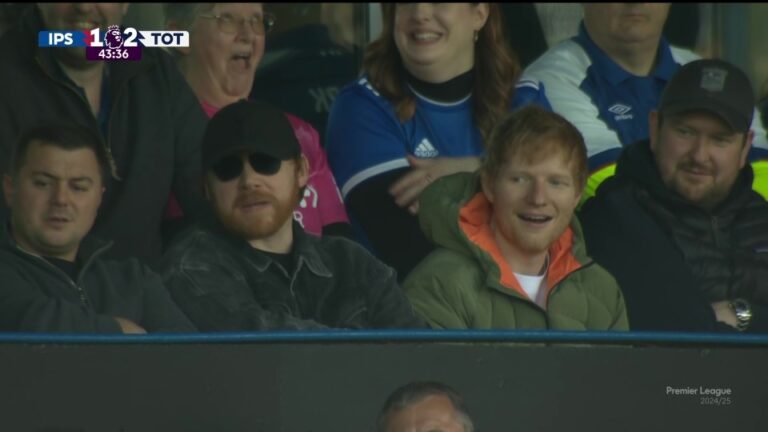 ‘Not on my 2025 bingo card’ – Fans can’t believe who Ed Sheeran is sat next to at Ipswich vs Tottenham clash