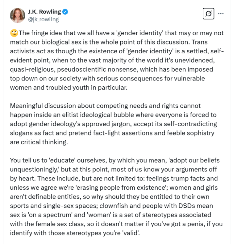 Rowling Gives Her ‘State of the Trans Conflict’ Address to Gender Holdouts