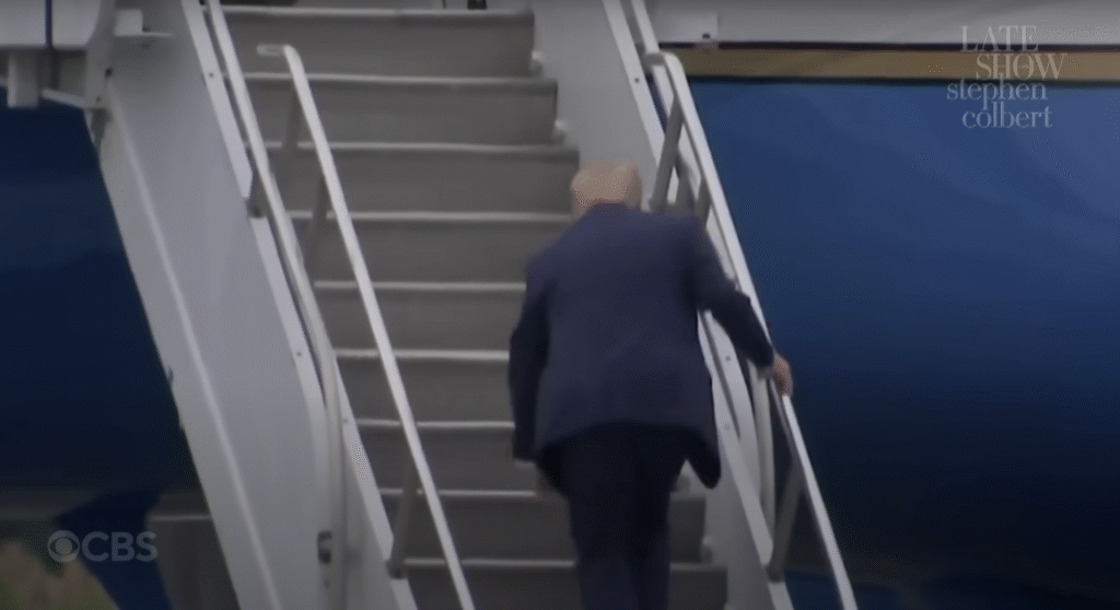 Stephen Colbert mocks Trump viral stair trip with parody GOP ad